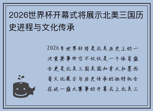 2026世界杯开幕式将展示北美三国历史进程与文化传承